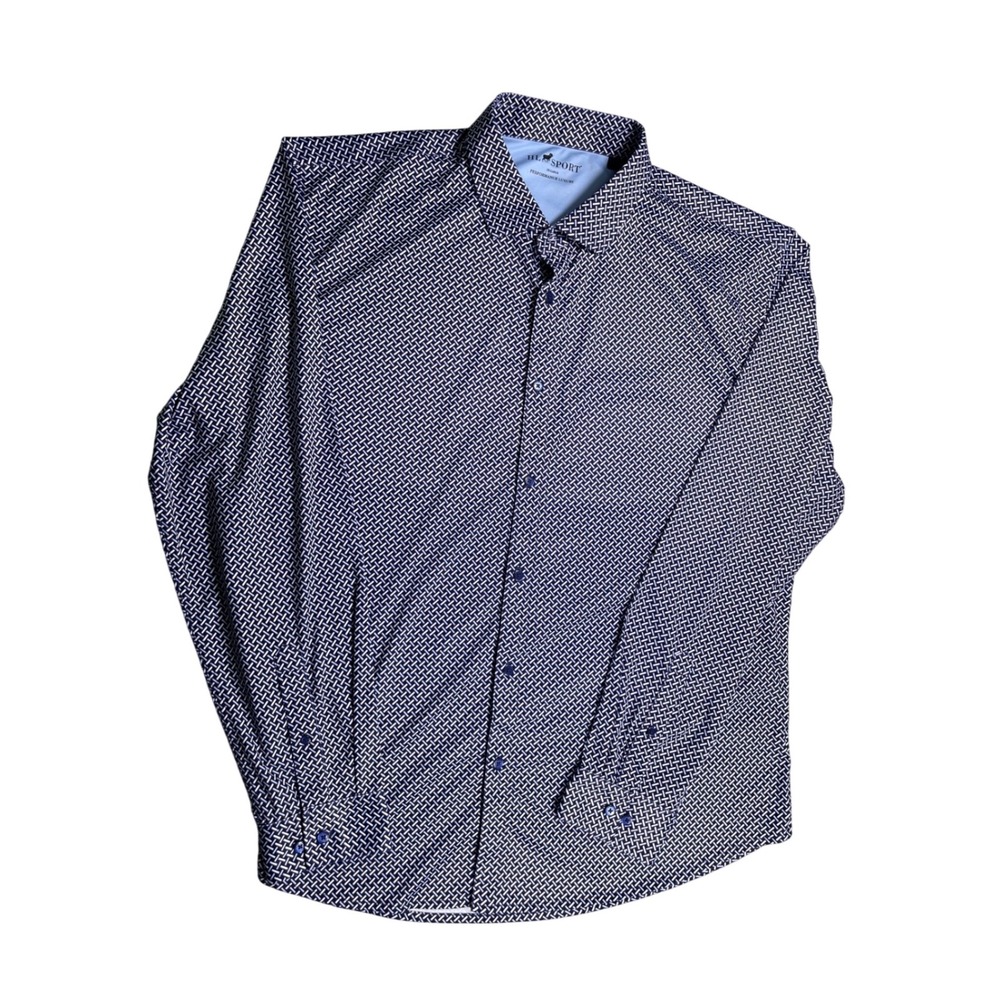 HL Sport 2XL Performance Luxury Button Up Shirt Blue Geometric Stretch Mens